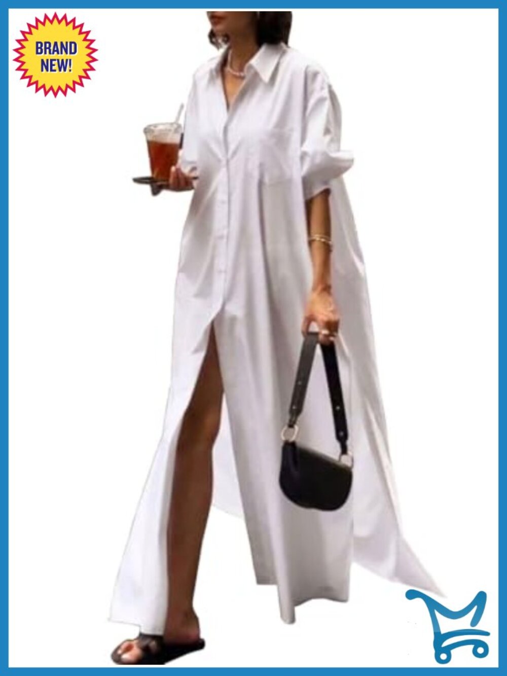 Long Sleeve Maxi Shirt Dress Button Down Side Slit Loose Flowy Vacation Dress